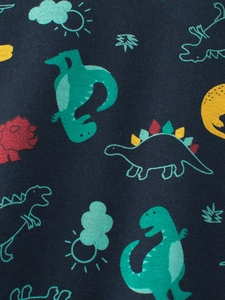 Kids navy blue sweatshirt fabric featuring colorful cartoon dinosaur prints for children