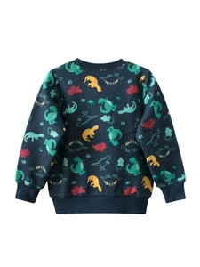 Dark blue kids long sleeve sweatshirt featuring vibrant all-over dinosaur pattern print