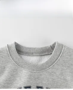 Close-up of gray sweatshirt showing soft white fleece lining and ribbed neckline