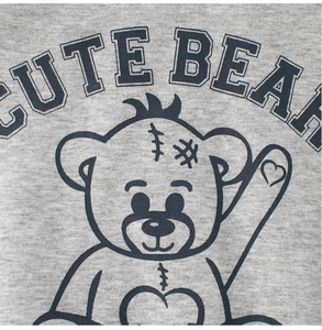 Detail of cute bear graphic with heart print on gray heather knitted fleece sweatshirt