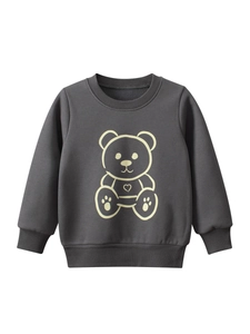 Boys Sweatshirt Fleece Lined Long Sleeve Crew Neck Cartoon Bear Print Casual Autumn Winter Top Cotton Blend