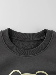 Dark grey crewneck sweatshirt with fleece lining and ribbed neck for boys and girls