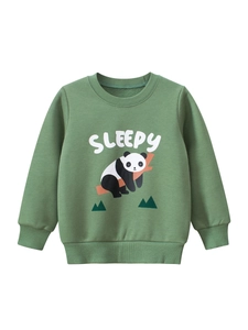 Sweatshirt en Polaire pour Garçons Imprimé Panda Dessin Animé Manches Longues Col Rond Pull Top Vert Mélange de Coton Vêtements Décontractés pour Enfants