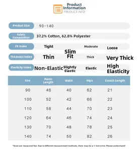 Detailed size chart for kids fleece trousers with measurements for sizes 90 to 140