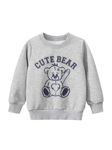 Boys Fleece Lined Sweatshirt Cotton Polyester Cartoon Bear Print Casual Long Sleeve Crewneck Pullover For Toddlers