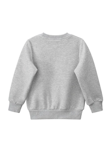 Back view of light grey heather long sleeve sweatshirt with ribbed neck and cuffs