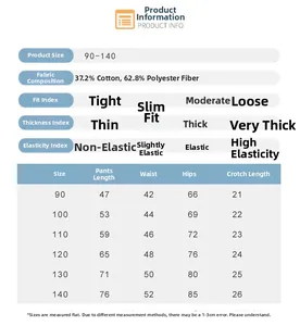 Detailed size chart for kids graphic sweatpants showing measurements from size 90 to 140