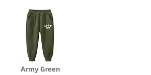 Detail view of army green kids joggers with elastic waist and white HOPE 1986 letter print