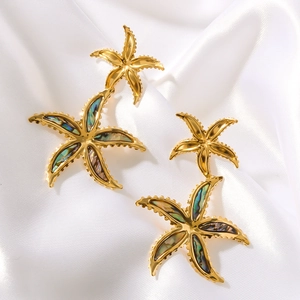 Detail view of starfish drop earrings with iridescent abalone shell on silk fabric
