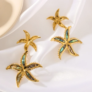 Exquisite gold starfish earrings featuring natural colorful abalone shell inlay on silk