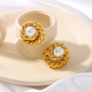 Retro Twist Geflochtene Runde Künstliche Perlenohrringe Edelstahl 18K Vergoldet Vintage INS Französischer Stil Für Frauen Schmuck
