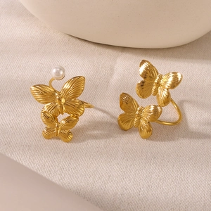 Bague papillon en acier inoxydable plaqué or 18K avec perle sur tissu en lin