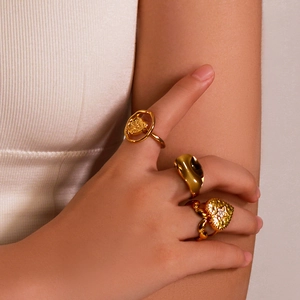 18K Gold Plated Stainless Steel Rings Irregular Heart Star Zircon Inlaid Adjustable Open French Retro Jewelry Women
