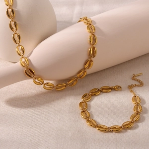 Golden stainless steel jewelry set featuring shell-shaped link necklace and bracelet