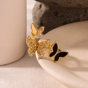 Anello Aperto Farfalla Acciaio Inossidabile Zirconia Smalto Placcato Oro Regolabile Gioielli Moda Donna