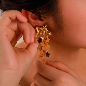 Hammered Texture Tassel Drop Earrings Women 18K Gold Plated Stainless Steel Geometric Heart Star Retro Statement Jewelry