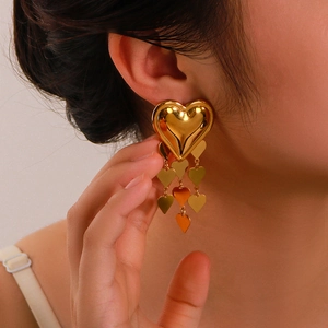 Retro multi-layer hammered fringe heart earrings in 18K gold plated vintage geometric style