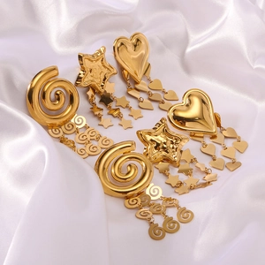 Vintage 18K gold plated geometric tassel earrings featuring star and heart hammered textures