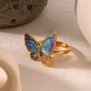 Vintage 18k gold plated butterfly ring with purple blue enamel and sparkling diamonds