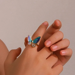 Butterfly Ring Stainless Steel 18K Gold Plated Enamel Rhinestone Adjustable Blue Purple Gradient Elegant Jewelry For Women