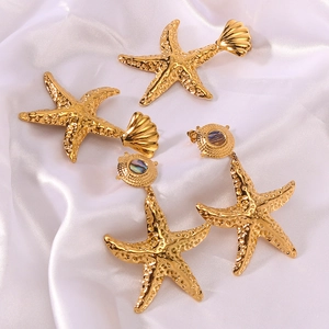 Summer beach style 18K gold plated stainless steel starfish and seashell drop earrings set
