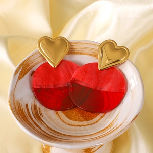Heart Drop Earrings 18K Gold Plated Stainless Steel Red Acrylic Double Circle Dangle For Women Fashion Exaggerated Jewelry