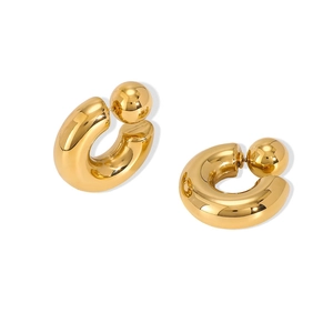 Boucles d'oreilles créoles C épaisses en acier inoxydable doré avec fermoirs boules