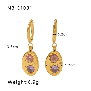 Detailed view of gold plated earrings with pink and purple zircon stones and dimension labels
