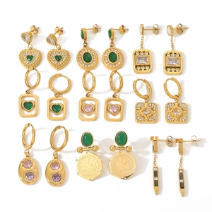 Golden titanium steel earrings collection with colorful heart zircon and emerald pendants