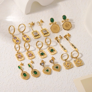Vintage 18K gold plated titanium earrings with colorful zircon and engraved coin pendants