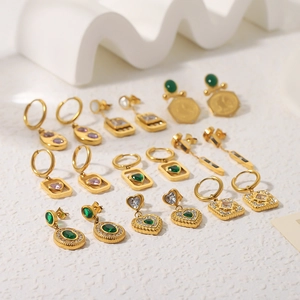 18K gold plated titanium earrings set with heart-shaped emerald and colorful zircons