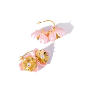 Floral C-shaped hoop earrings with pink matte petals and 18K gold plated stainless steel