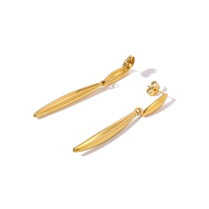 Minimalistische doppellagige lange goldene Edelstahl-Ohrringe mit polierten Blatt-Anhängern