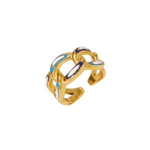 Golden chain link ring with blue and white enamel inlay on a clean white background