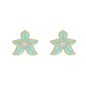 Elegant mint green orchid stud earrings with gold accents and pear-cut zircon crystals