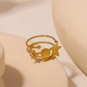 Bague ajustable en acier inoxydable doré 18K avec breloques de coquillage et étoile