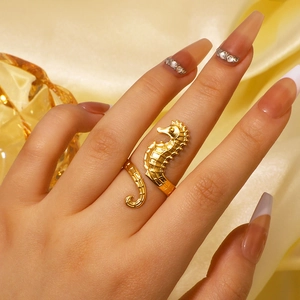 Seahorse Open Ring Stainless Steel 18K Gold Plated Textured Hammered Marine Animal Adjustable Fashion Jewelry For Women