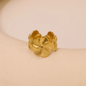 Frangipani Flower Ring Stainless Steel Gold Plated Adjustable Open Finger Band Summer Resort Style For Women