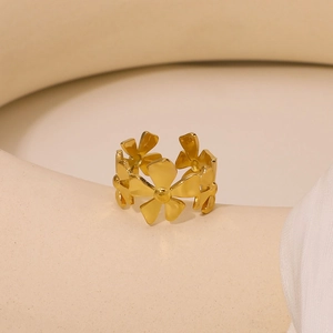 Minimalist gold plated stainless steel floral open ring with hollow petal design