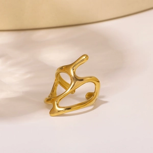 Modern liquid-style 18K gold plated stainless steel open ring with glossy finish