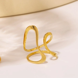 Bague Ouverte Géométrique Minimaliste Vague Acier Inoxydable Plaqué Or 18K Bijoux Hypoallergéniques Pour Femmes