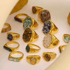 Gold plated stainless steel chunky rings with natural tiger eye and turquoise stone inlays