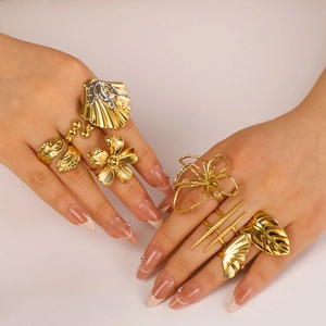 Stainless Steel Gold Plated Ring Starfish Leaf Shell Adjustable Open Ring For Women Waterproof Hypoallergenic Fashion