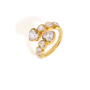 Minimalist 18K gold plated stainless steel open ring with sparkling heart-shaped zircons