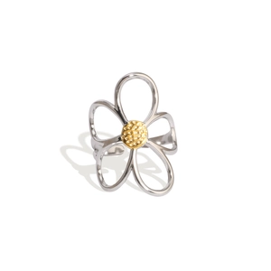 Gold plated stainless steel hollow flower ring with daisy design and open adjustable band