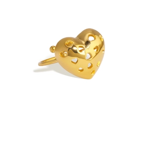 Polished gold stainless steel open ring featuring a hollow-out 3D heart-shaped design