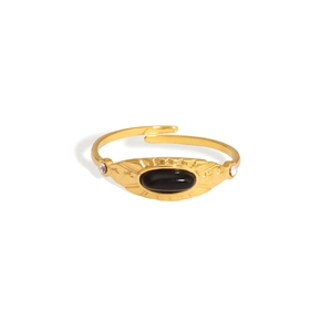 Adjustable golden stainless steel ring with oval black stone and radial sunburst pattern