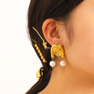 Twisted Spiral Drop Earrings 18K Gold Plated Stainless Steel With Artificial Pearl For Women Hypoallergenic Waterproof Jewelry