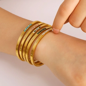 Luxury Bangle Bracelet 18K Gold Plated Stainless Steel Colorful Zircon Inlay Waterproof Hypoallergenic Minimalist For Women