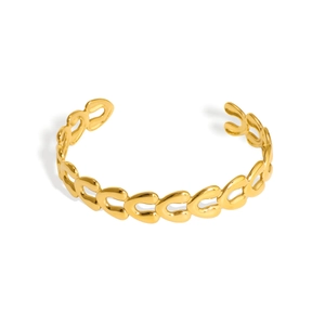 Polished 18K gold plated stainless steel open bangle featuring elegant heart-shaped links